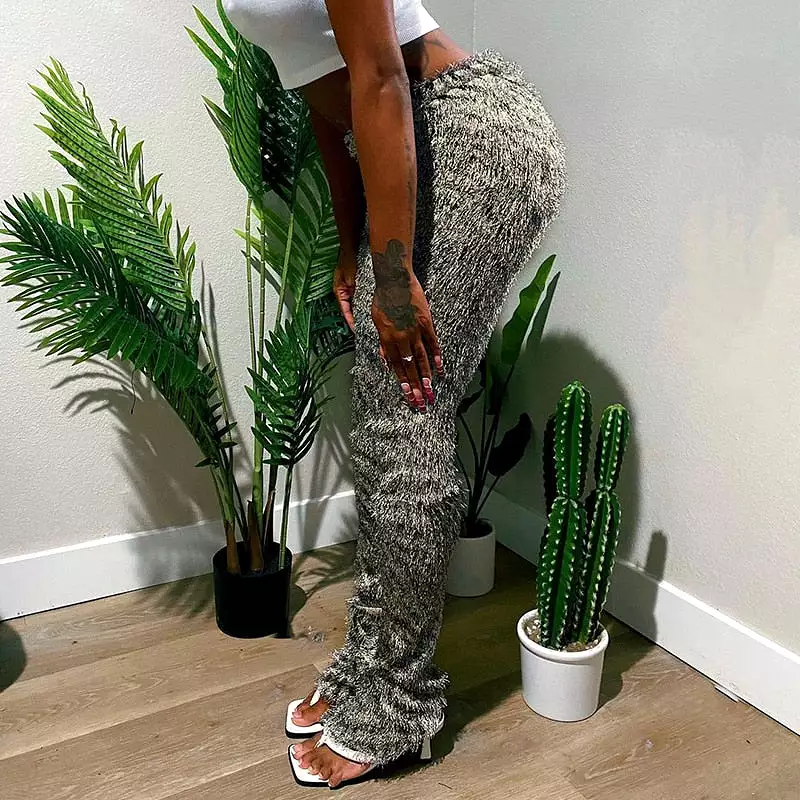 Zebra Striped Knitted Furry High Waist Pants for Women Bottoms Streetwear Fall Winter Fashion Sexy Trousers YJ22454MH